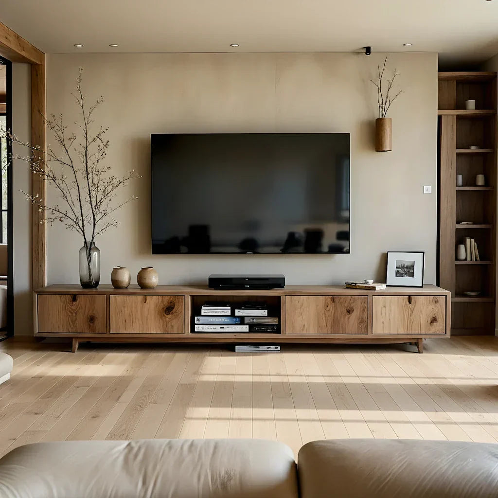 Natural Wood Media Console with Knotty Panels & Open Center Bay
