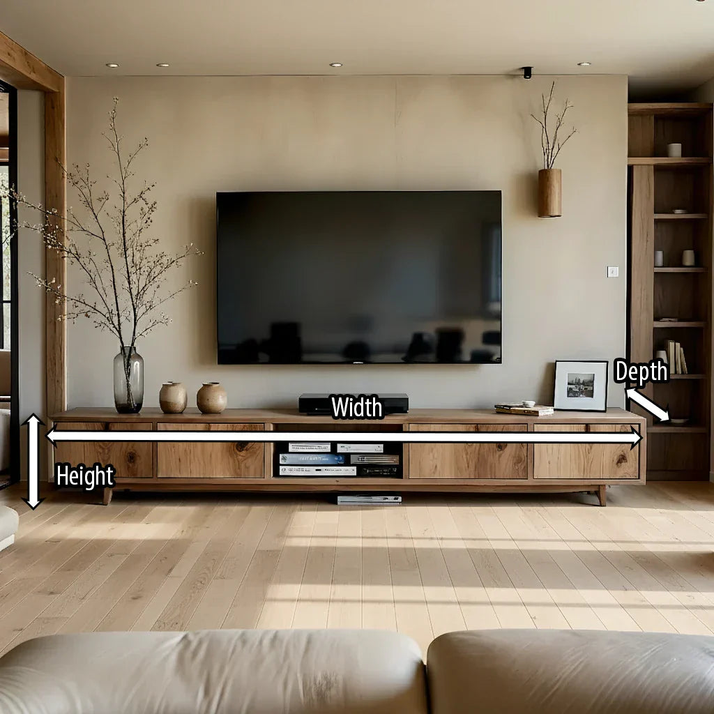 Natural Wood Media Console with Knotty Panels & Open Center Bay