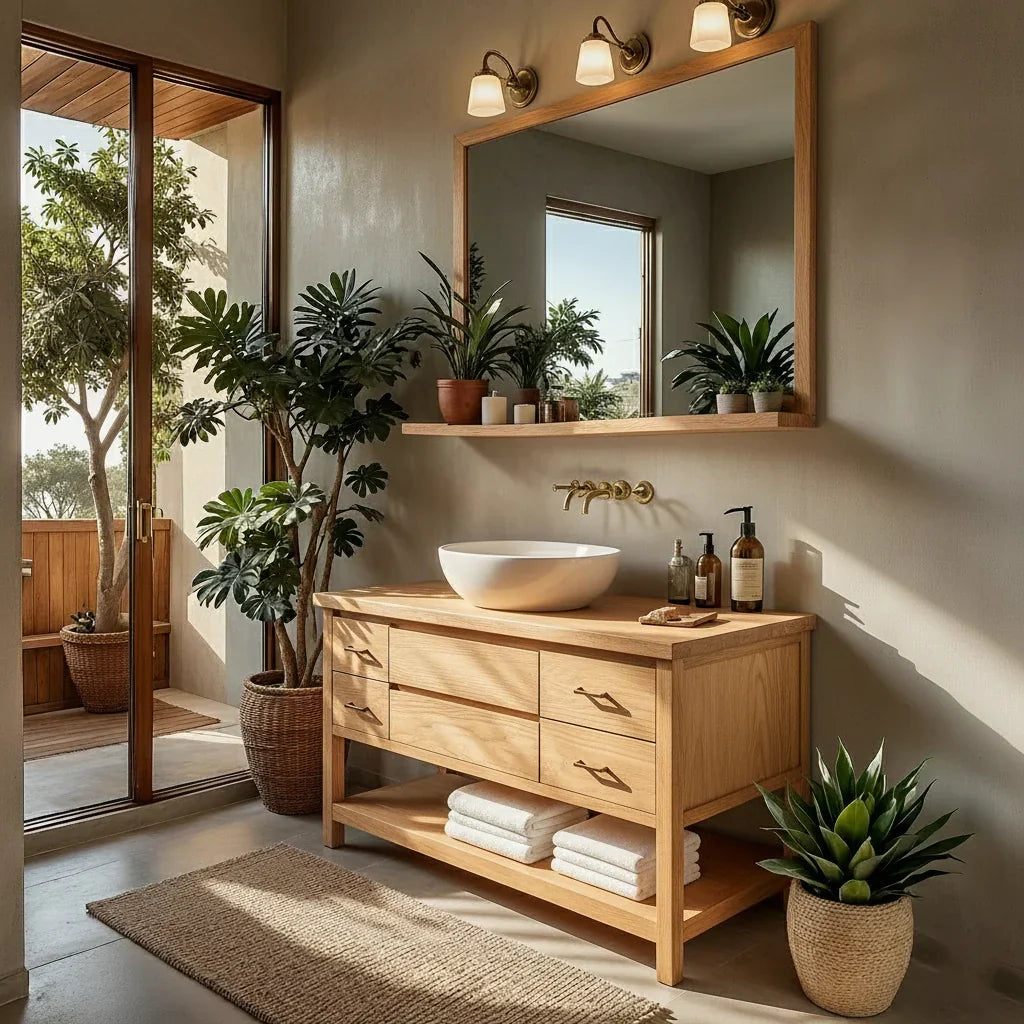 Solid Wood Bathroom Vanity with Drawers and Open Shelf for Japandi Bath