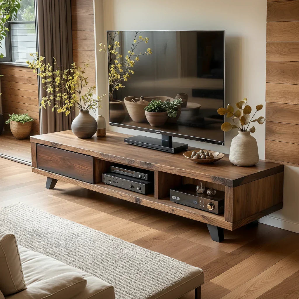 Modern Wood TV Console with Open Bays for Media Storage