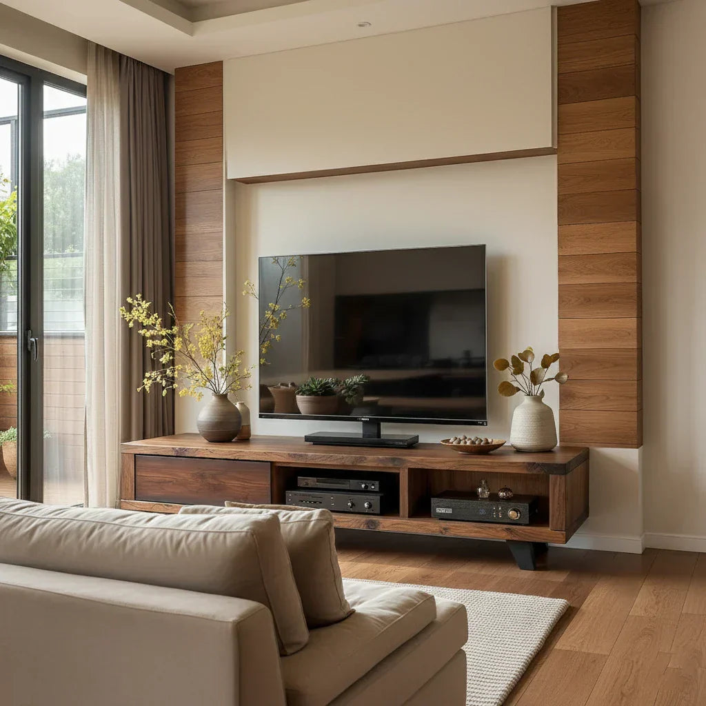 Modern Wood TV Console with Open Bays for Media Storage