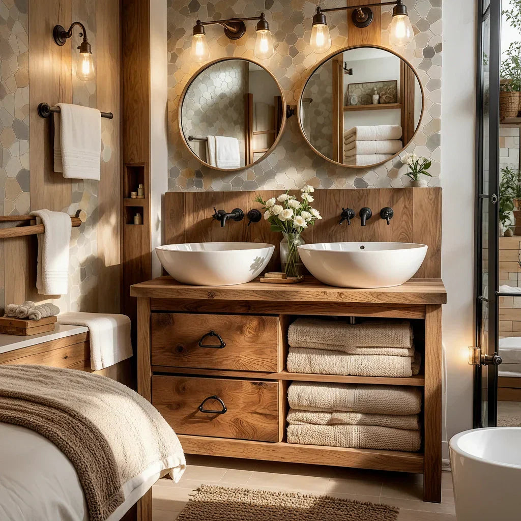 Double Solid Wood Bathroom Vanity with Drawers and Open Towel Shelf