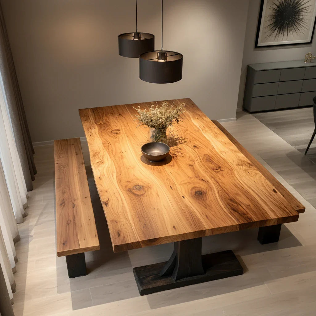 Live Edge Solid Wood Dining Table with Monolithic Pedestal for Modern Home