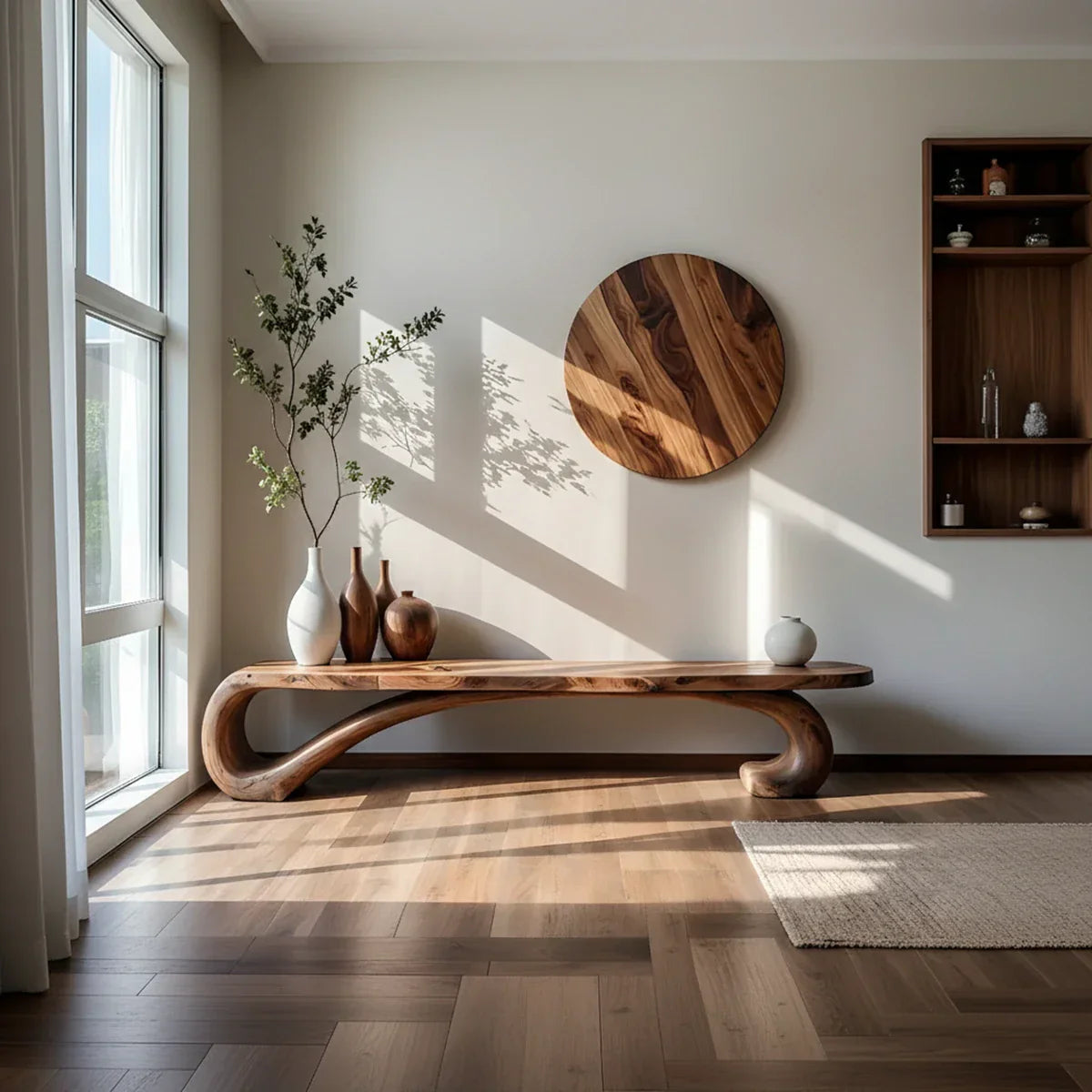 Organic Solid Wood Console Bench with S-Curve Base for Modern Home