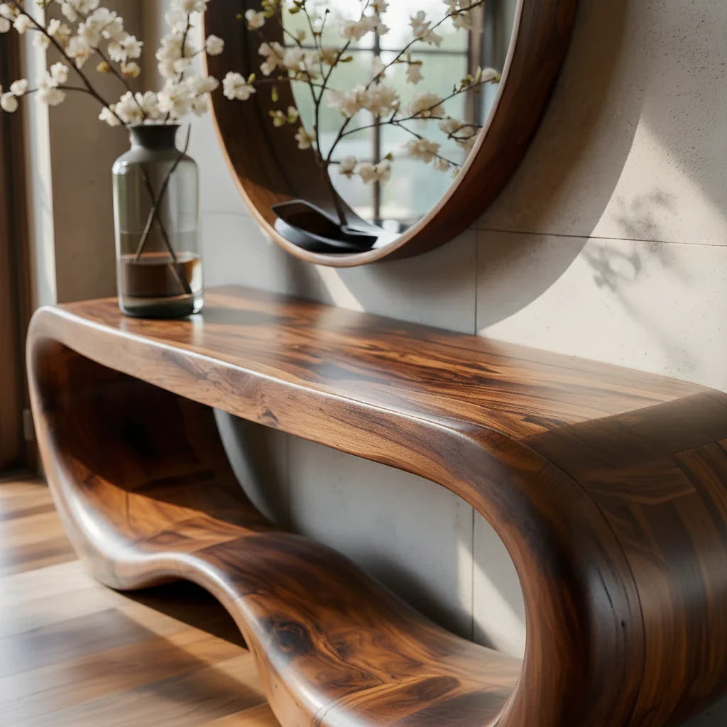 Floating Sculptural Solid Wood Console Table with Curved Loop Design