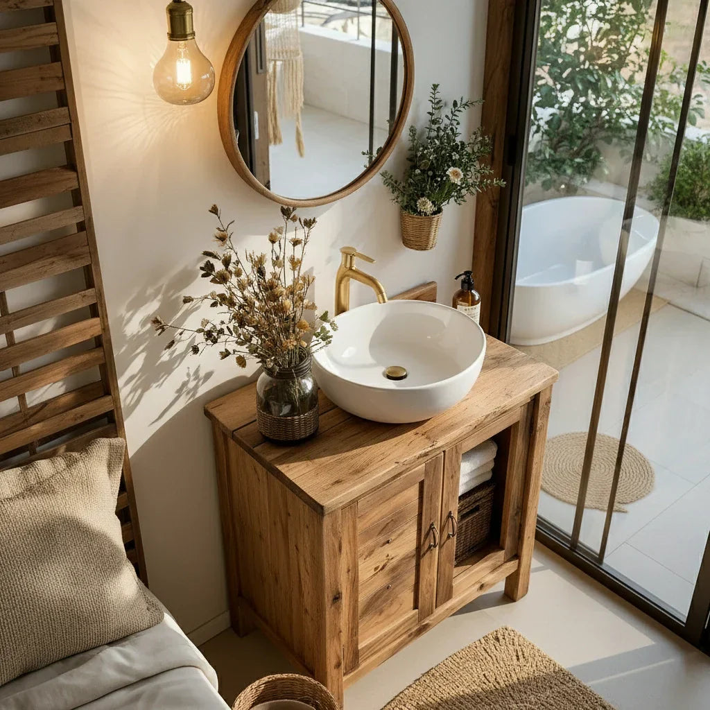 Solid Wood Bathroom Vanity Cabinet with Open Shelf for Small Spaces