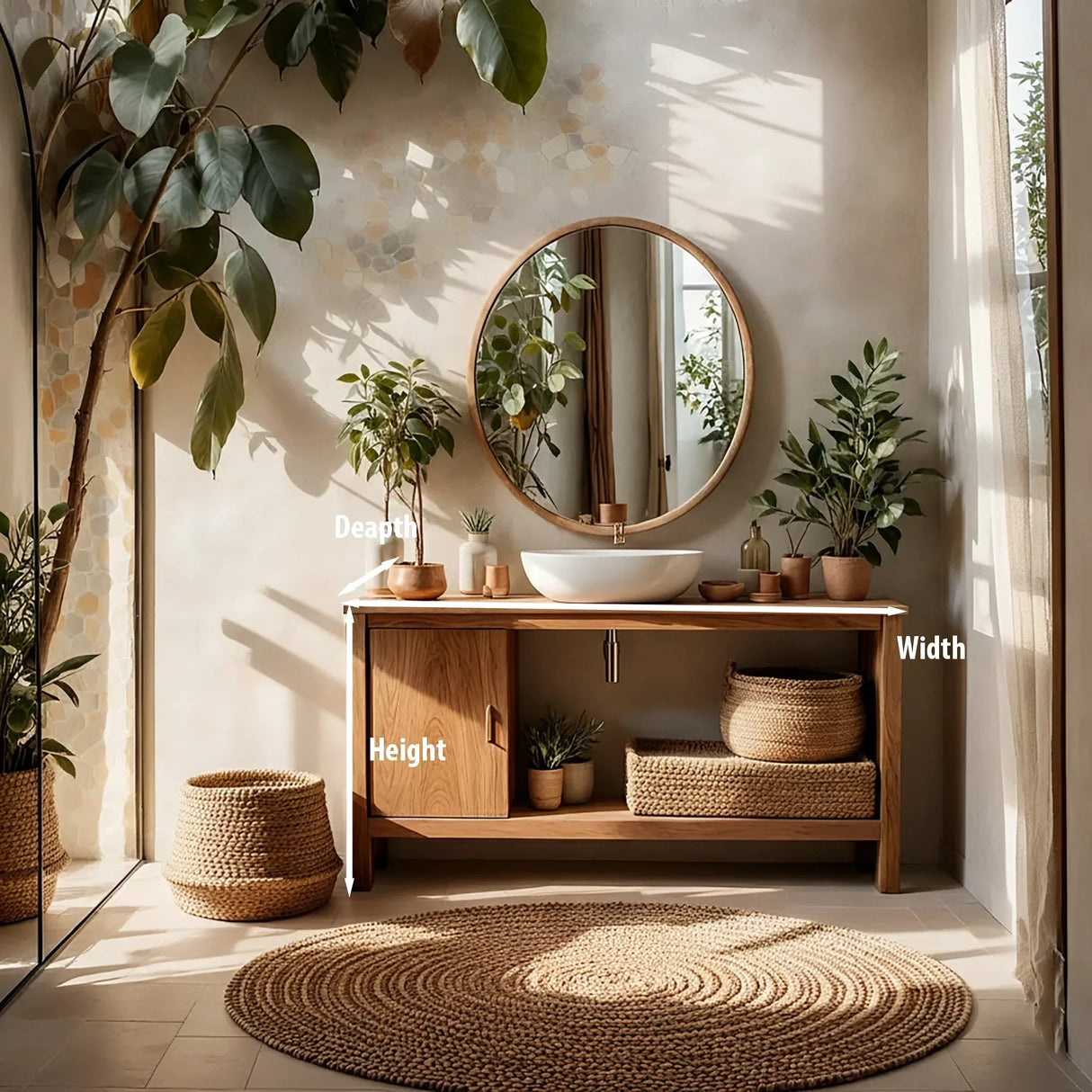 Minimal Solid Wood Bathroom Vanity with Sliding Door and Open Shelf