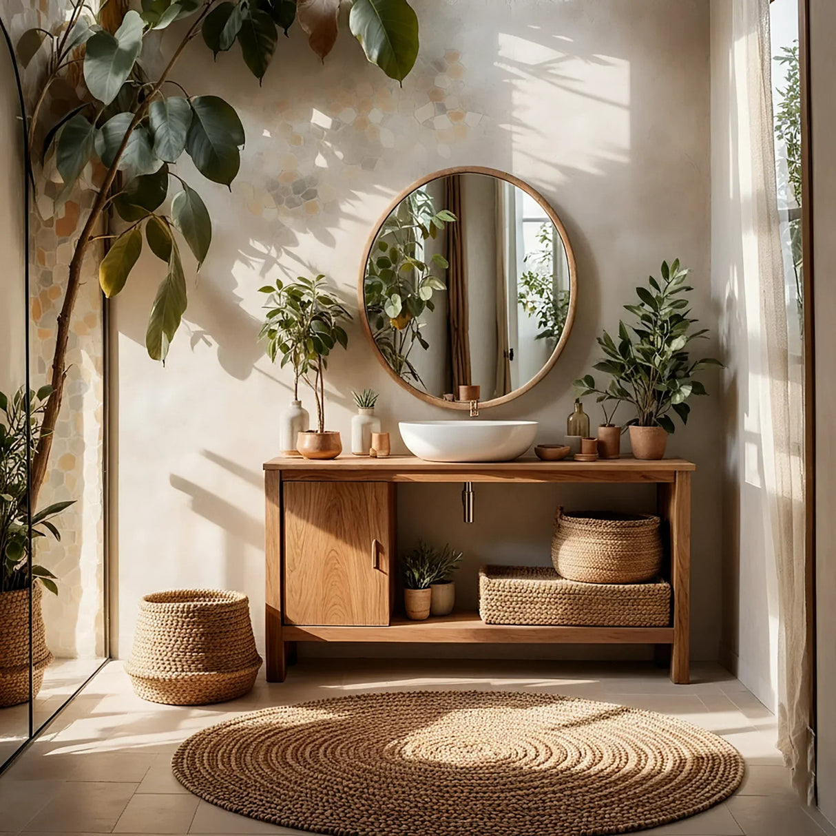 Minimal Solid Wood Bathroom Vanity with Sliding Door and Open Shelf