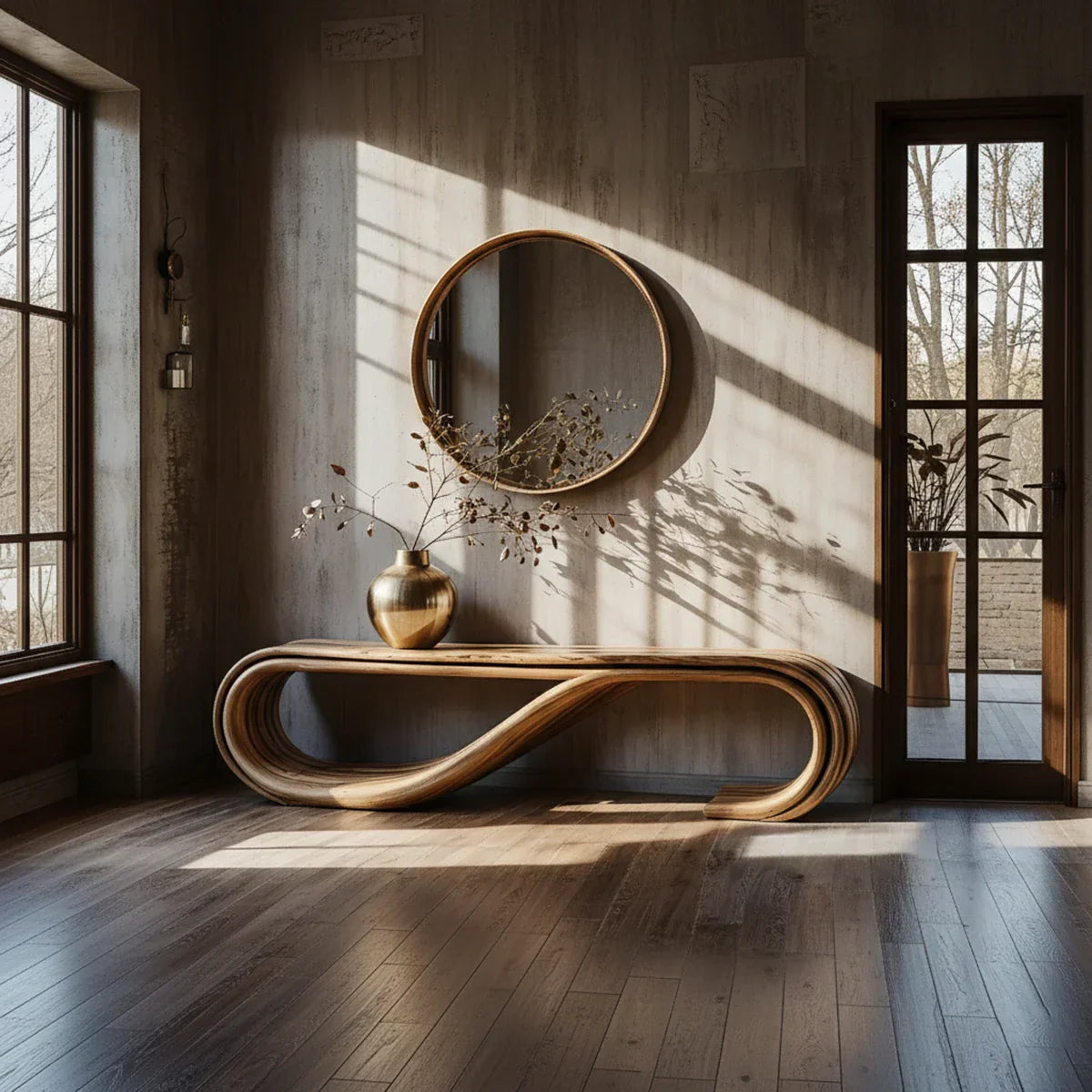 Solid Wood Loop Bench with Wave Curve for Organic Modern Hallway