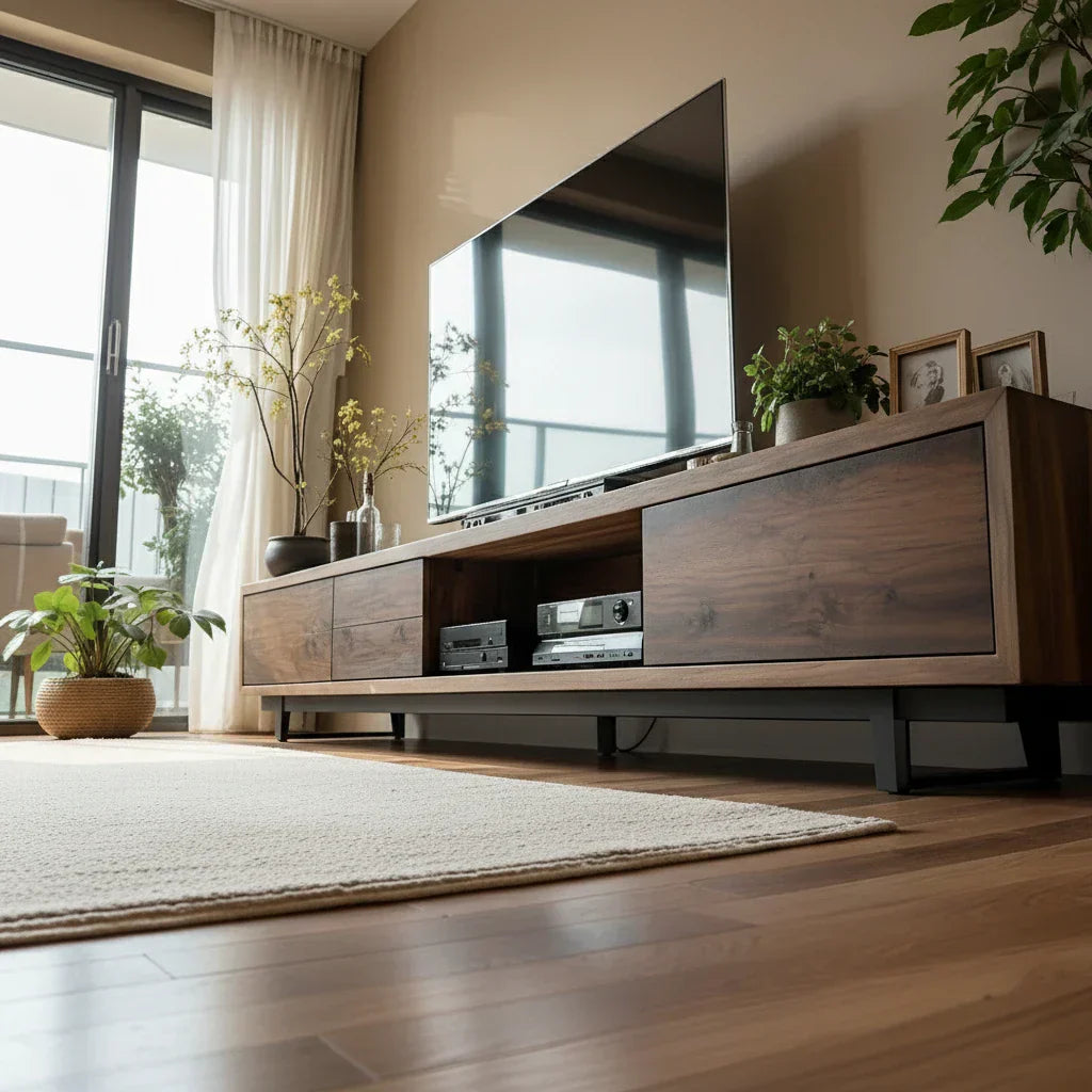 Natural Wood Low TV Console with Closed Storage & Open Center Bay