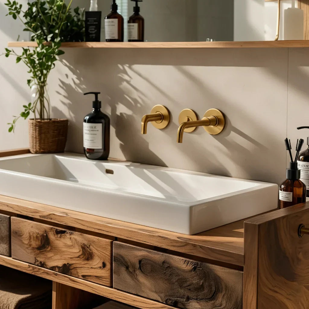 Solid Wood Bathroom Vanity with Floating Drawer Fronts for a Modern Spa