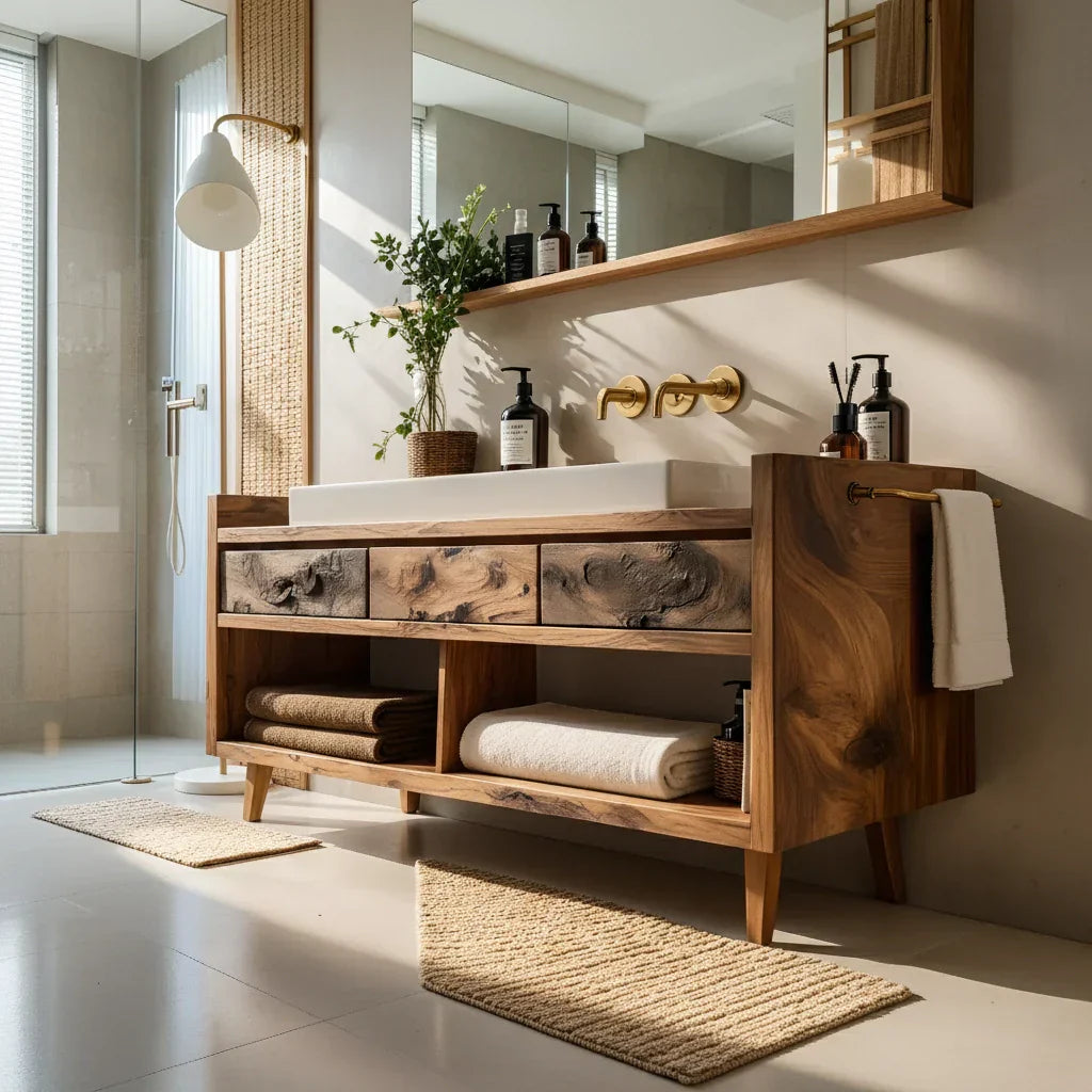 Solid Wood Bathroom Vanity with Floating Drawer Fronts for a Modern Spa