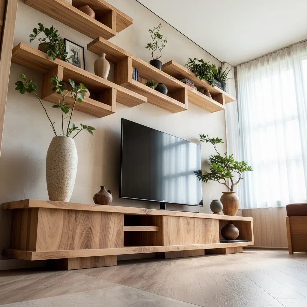 Wood TV Console and Modular Floating Shelves Set for Media Wall