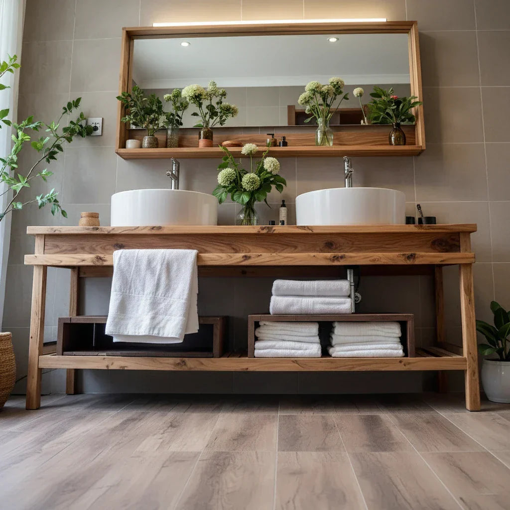 Solid Wood Bathroom Vanity with Open Shelf Storage