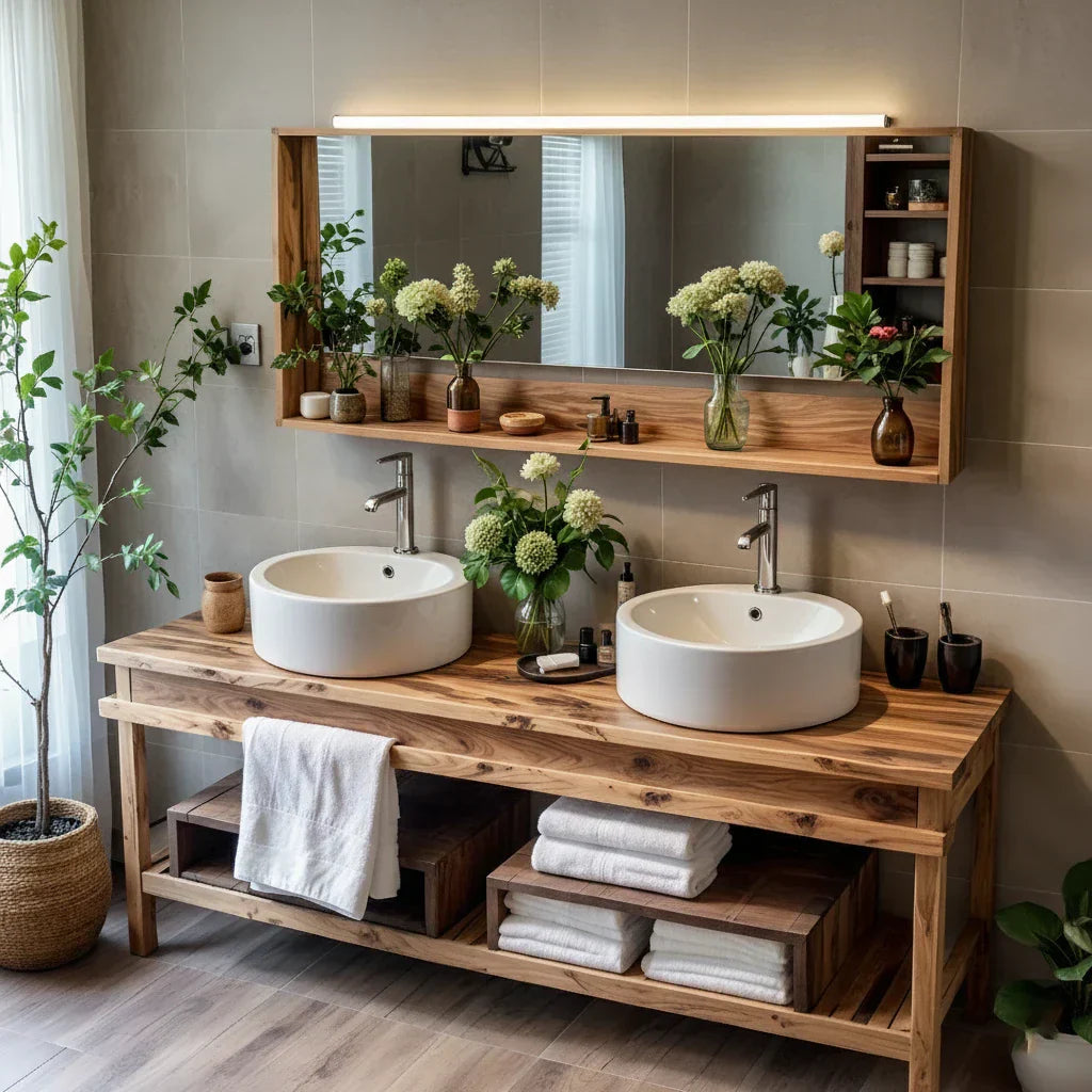 Solid Wood Bathroom Vanity with Open Shelf Storage