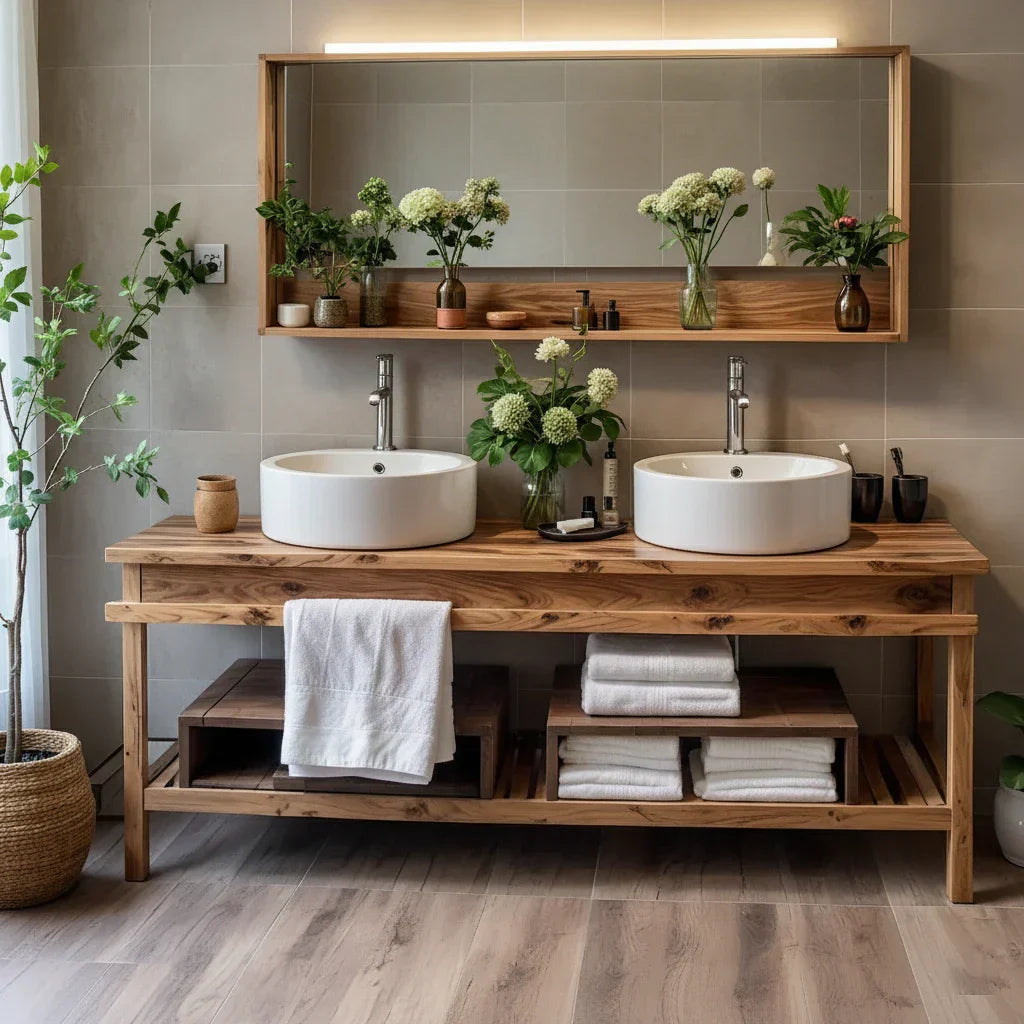 Solid Wood Bathroom Vanity with Open Shelf Storage