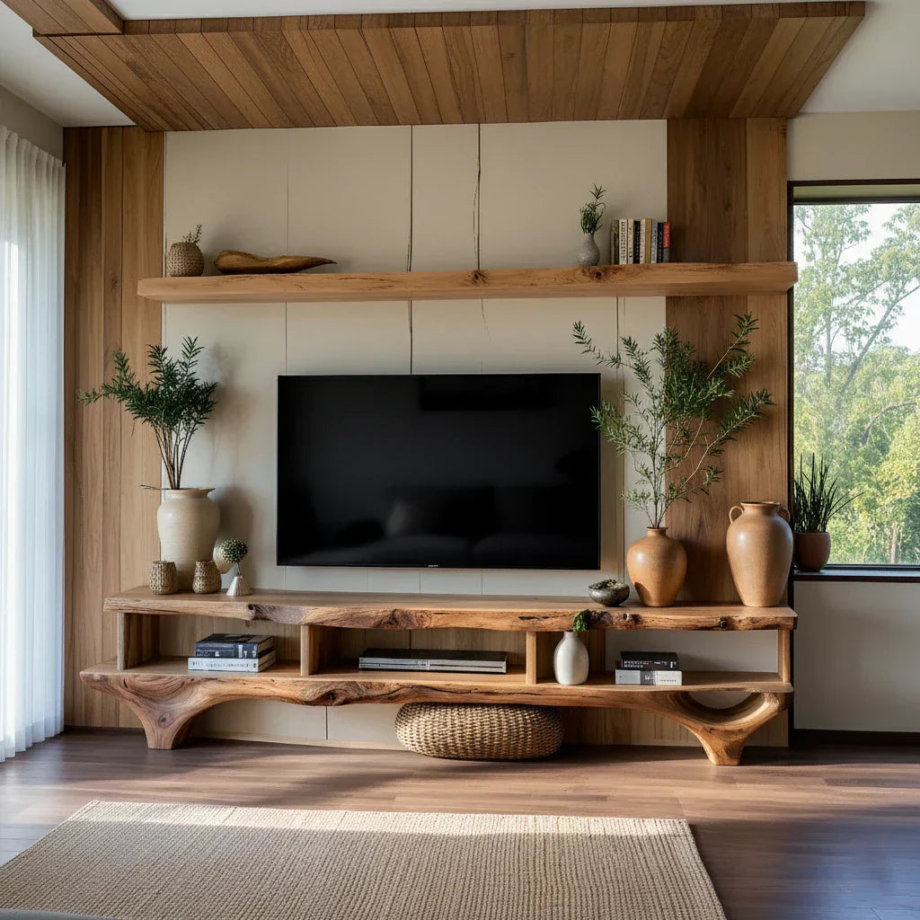 Live-Edge Style TV Console Wall-Mounted Shelf Media Wall Set