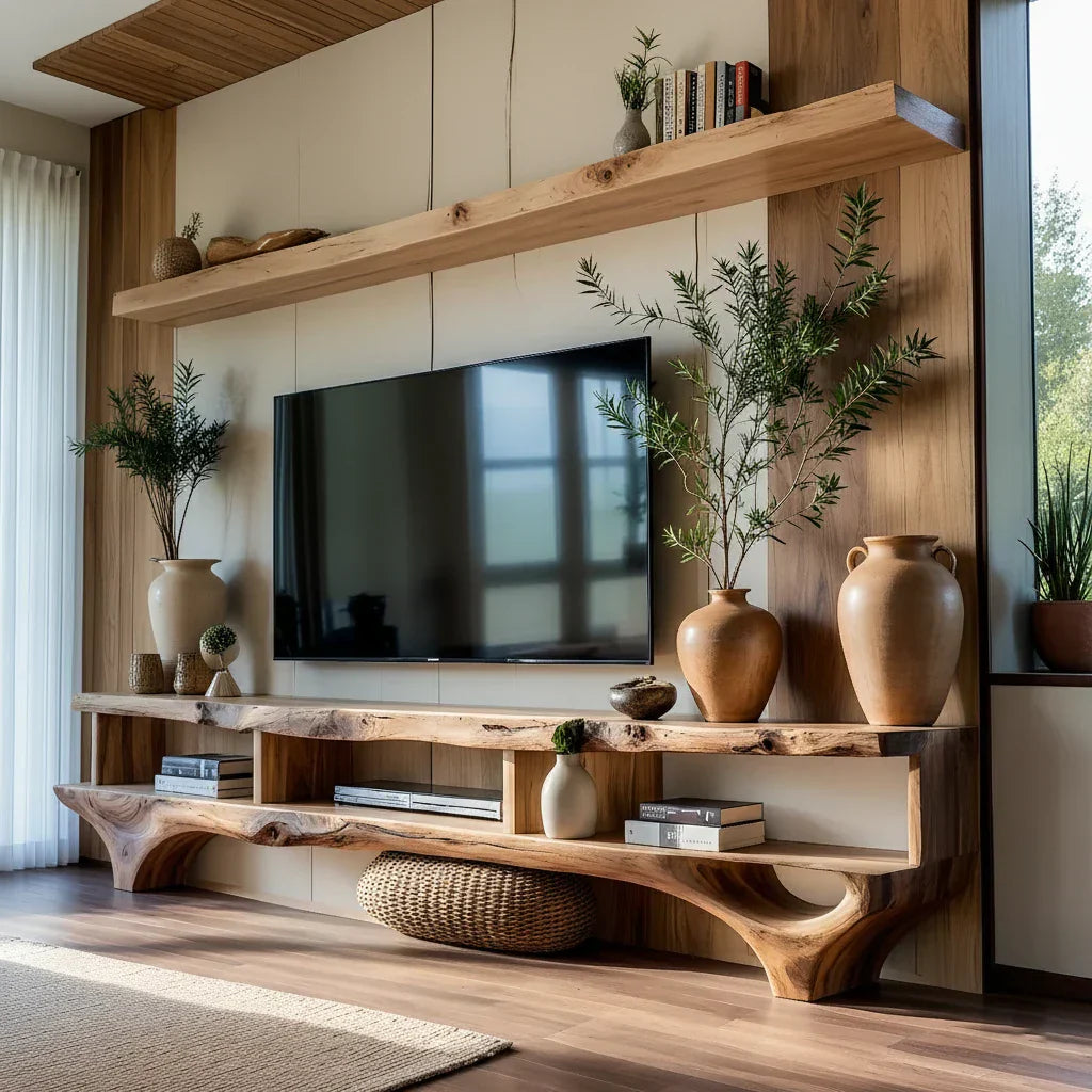 Live-Edge Style TV Console Wall-Mounted Shelf Media Wall Set