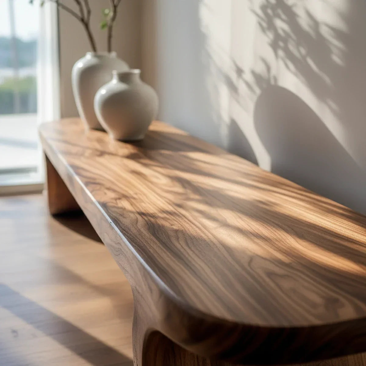 Solid Wood Low Bench with Curved Feet for Japandi Living Room