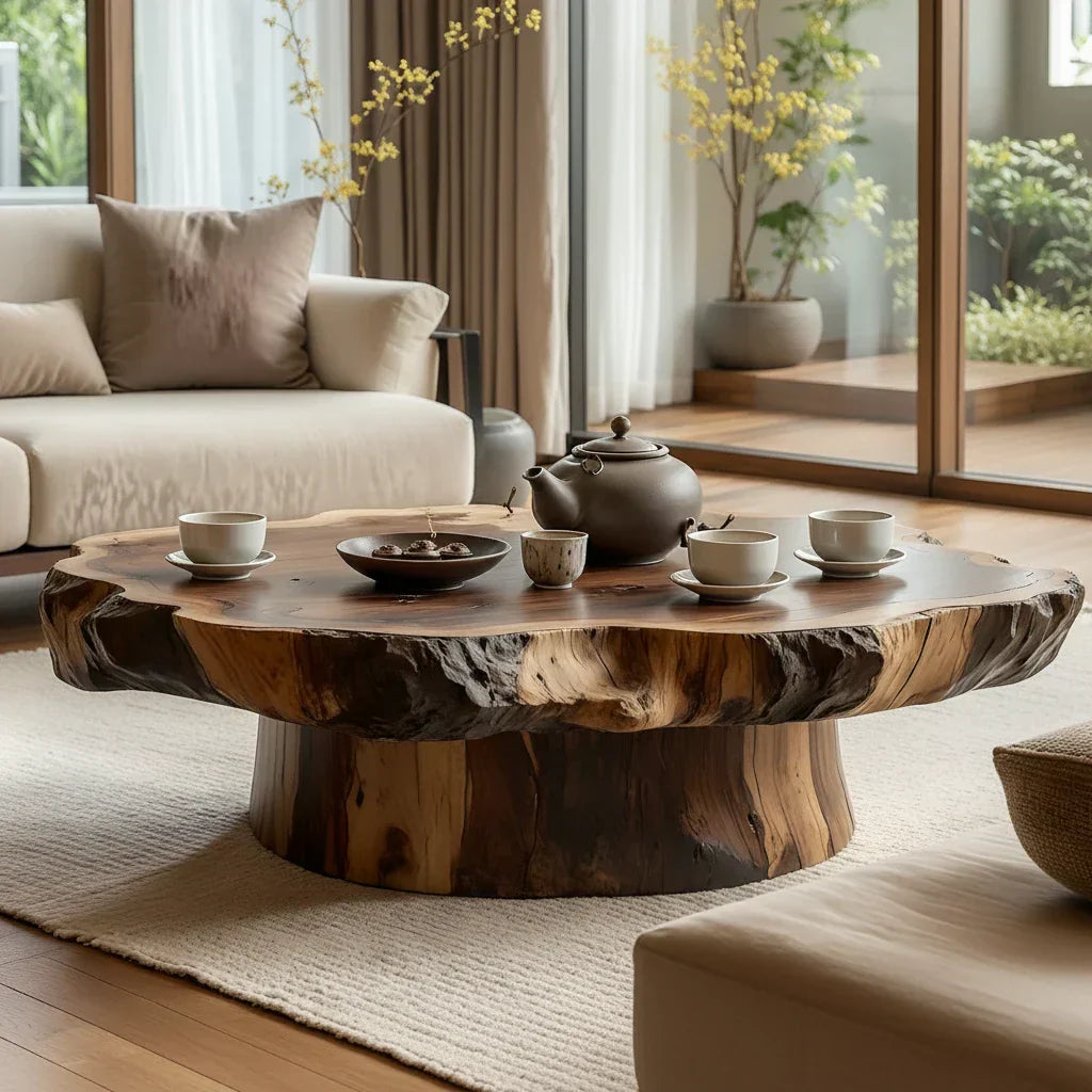 Round Solid-Wood Coffee Table with Organic Live Edge for Living Rooms