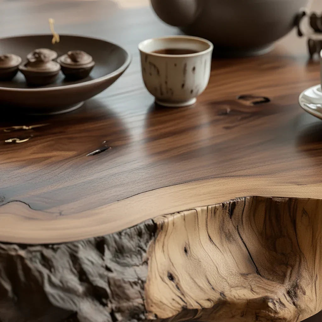 Round Solid-Wood Coffee Table with Organic Live Edge for Living Rooms