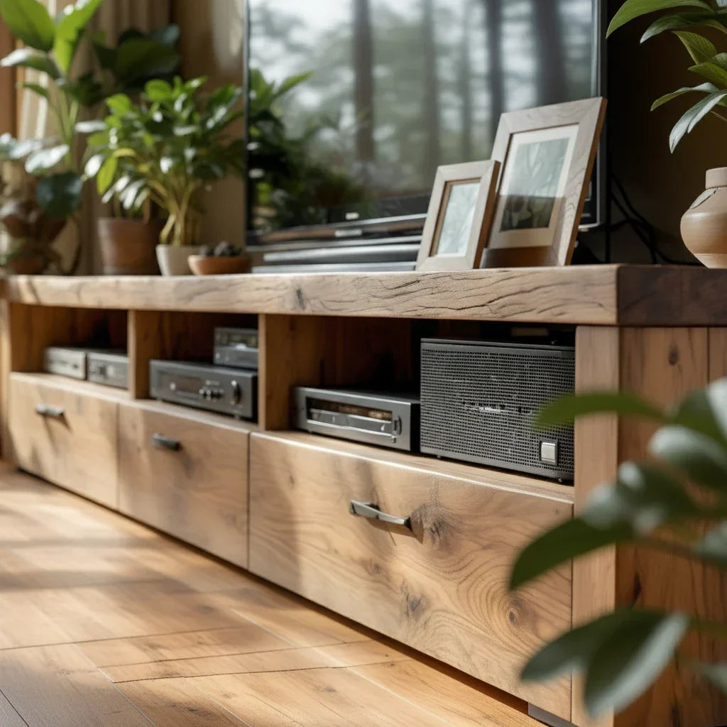 Natural Wood TV Cabinet with Long Top, Open Bays & Drawers