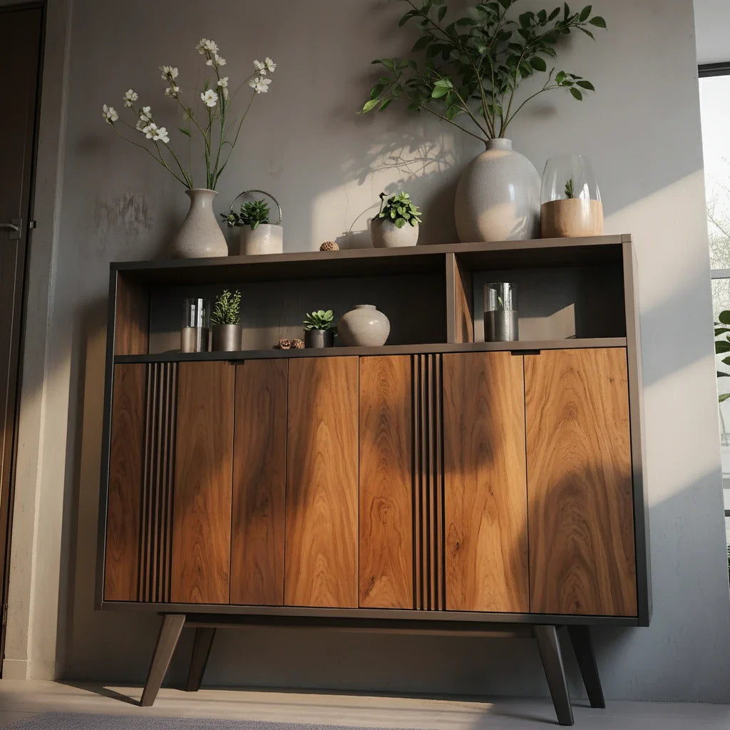 Solid Wood Sideboard Cabinet with Slatted Doors and Modern Storage