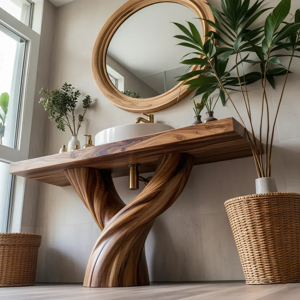 Solid Wood Bathroom Vanity with Sculpted Twisted Pedestal