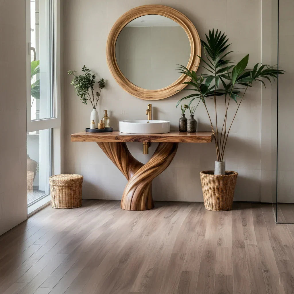 Solid Wood Bathroom Vanity with Sculpted Twisted Pedestal