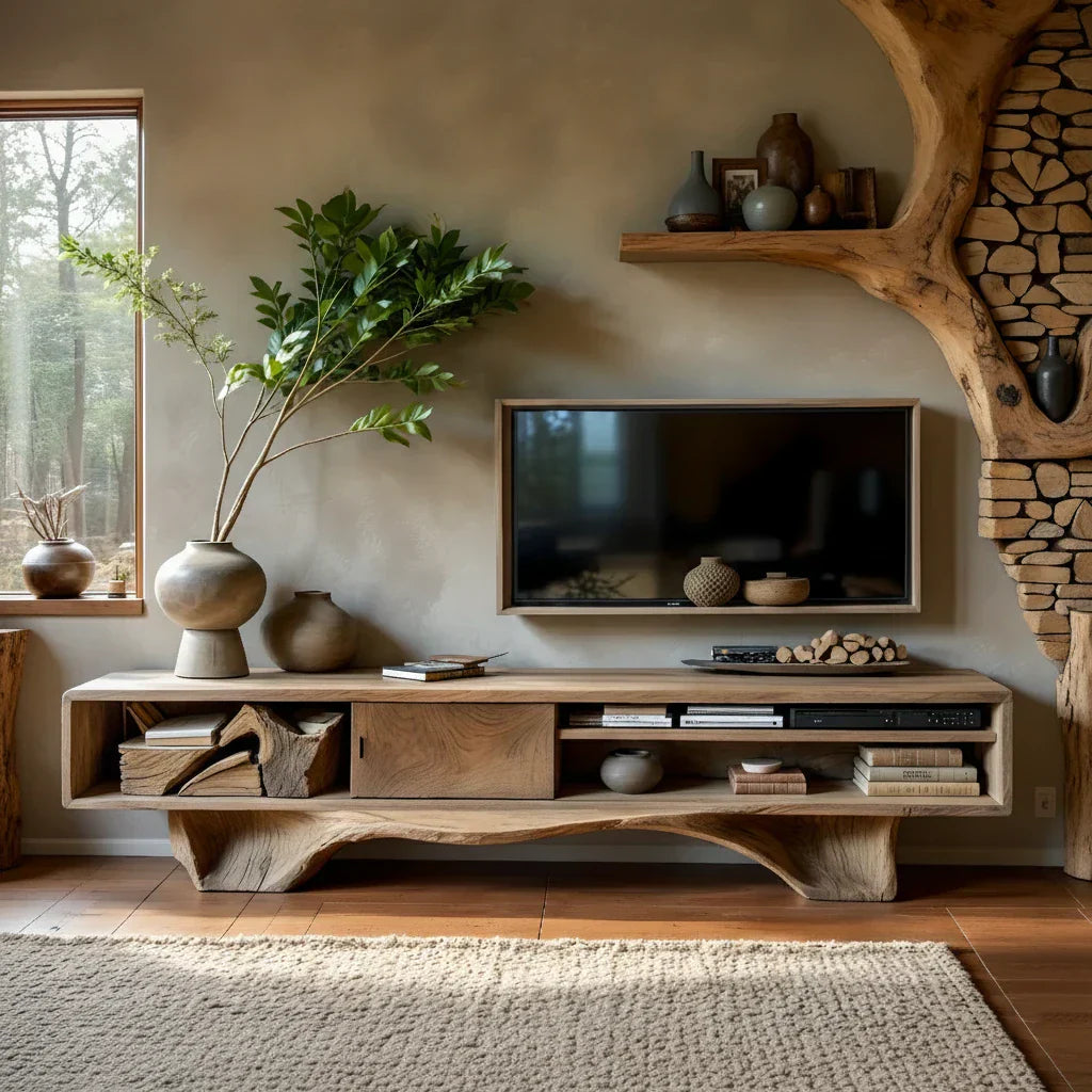 Sculptural Live-Edge Style Media Console with Organic Base