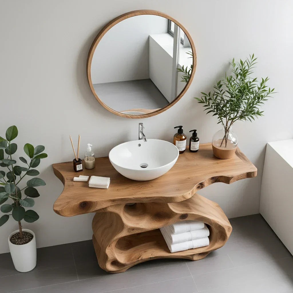 Sculptural Solid Wood Bathroom Vanity with Organic Open Storage