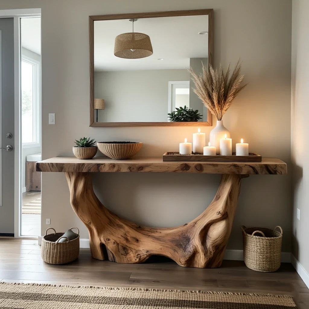 Organic Sculptural Live Edge Wood Console Table with Solid Driftwood Base
