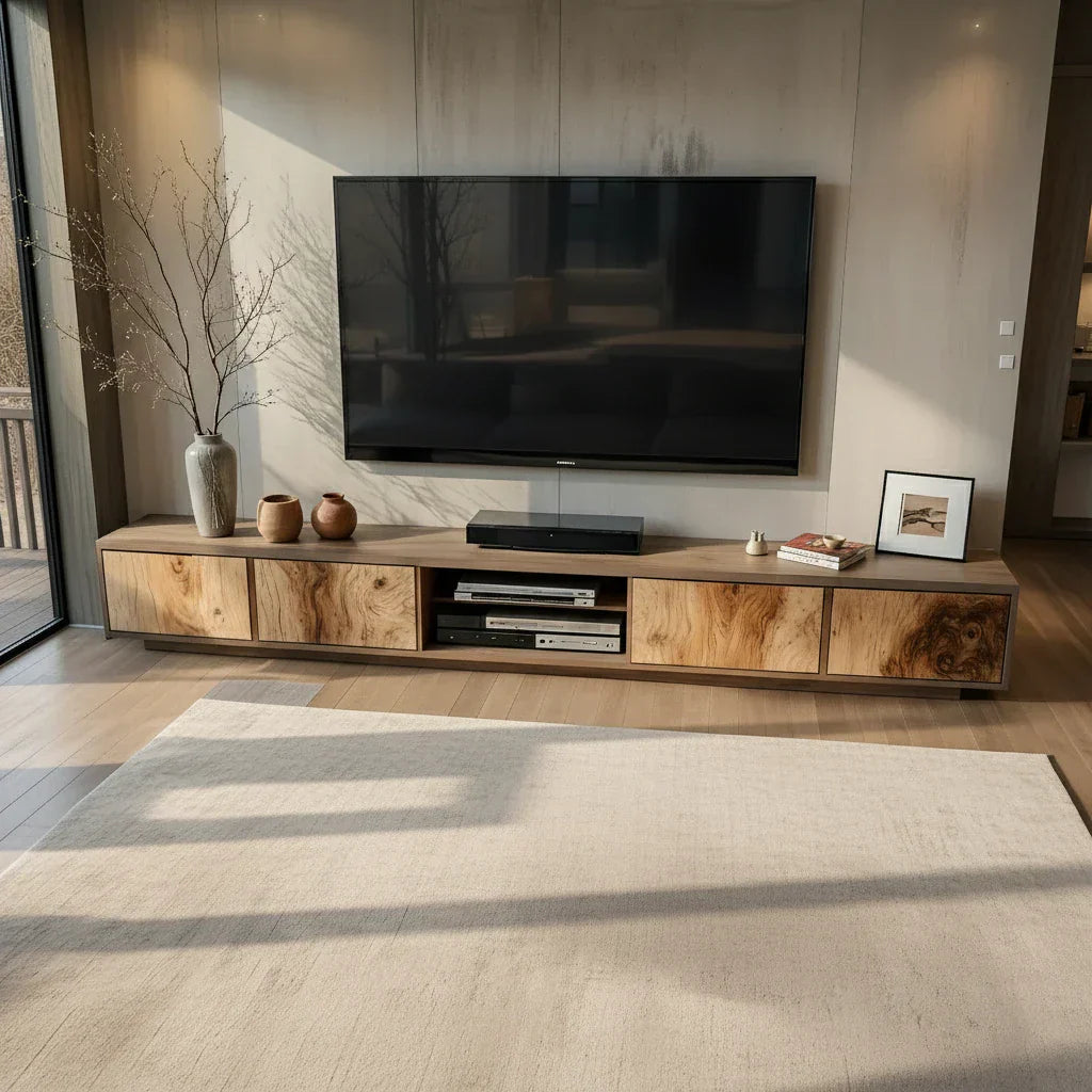 Natural Wood Media Console with Patchwork Grain Panel Front