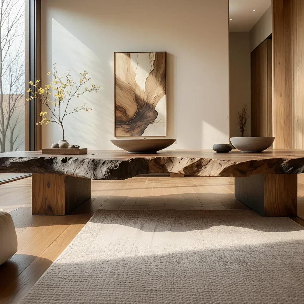 Low Live-Edge Solid-Wood Table for Minimalist Tea Lounges
