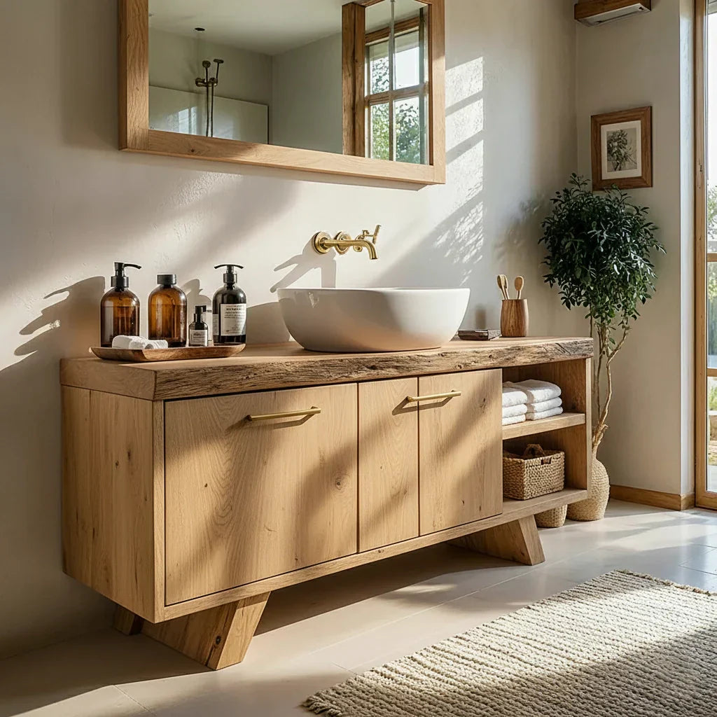 Wood Bathroom Vanity with Cabinet Doors and Open Shelf Storage