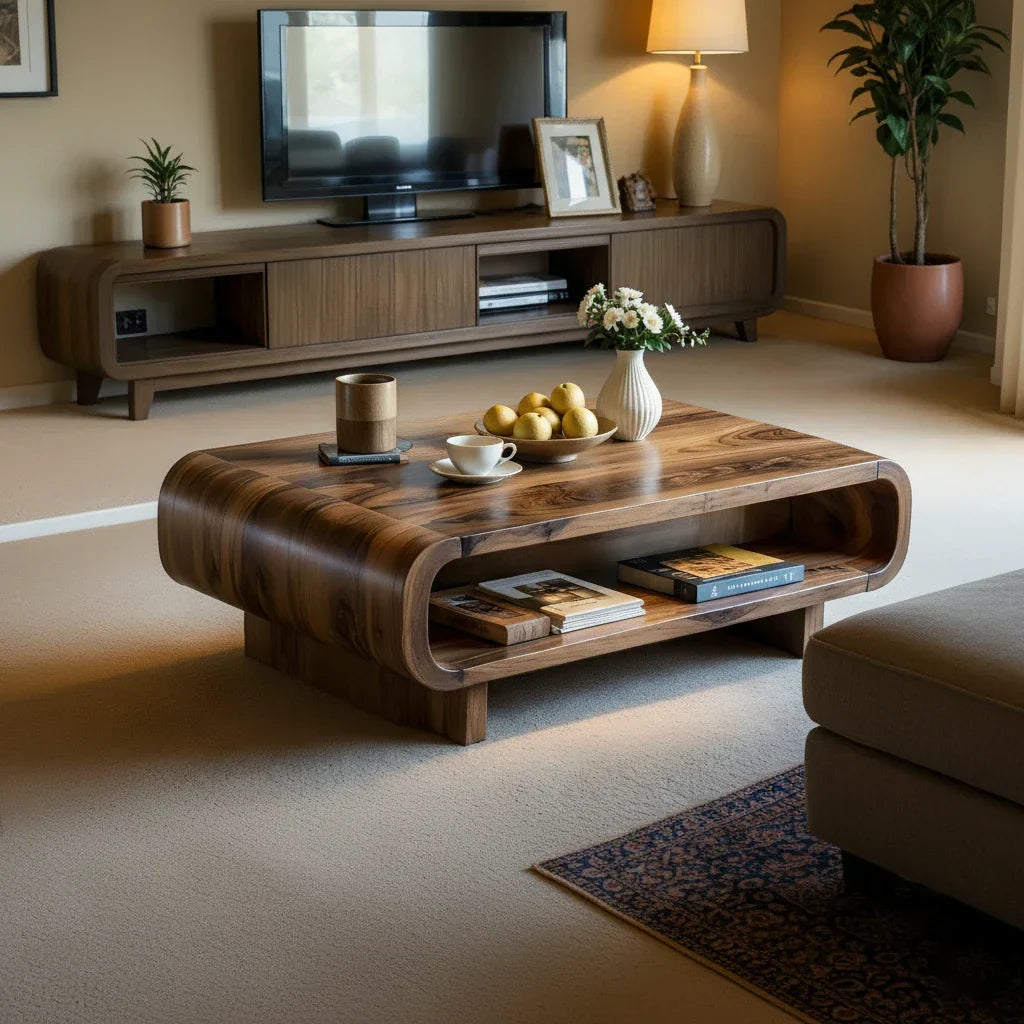 Rounded Solid-Wood Coffee Table with Shelf Storage