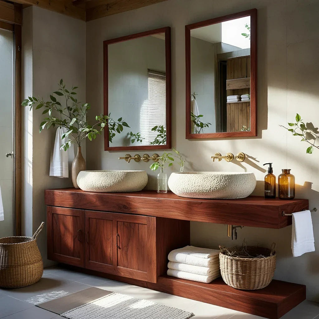 Double Solid Wood Bathroom Vanity with Cabinet and Open Shelf