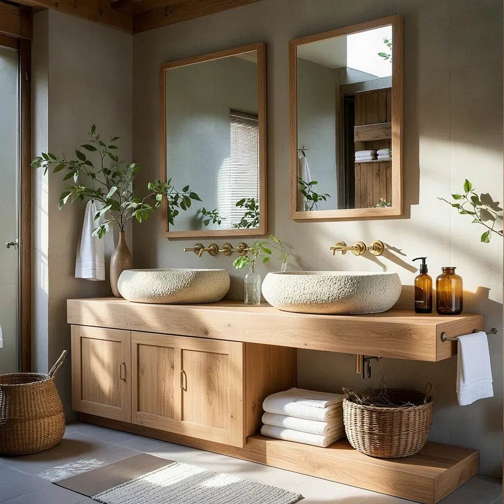 Double Solid Wood Bathroom Vanity with Cabinet and Open Shelf
