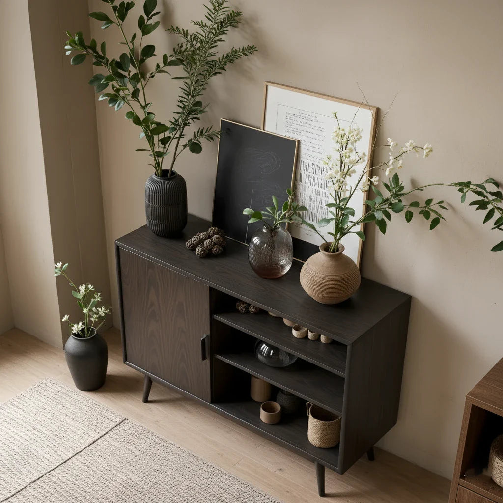 Dark Solid Wood Storage Cabinet with Open Shelving for Modern Interiors