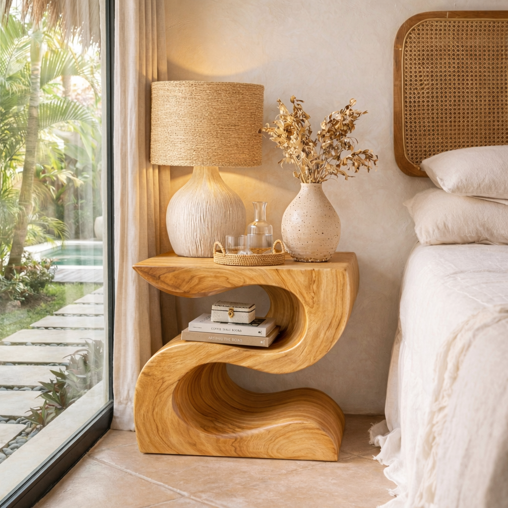 Handcrafted Solid Wood Nightstand for Bedside Lamp with Sculptural Wave Form