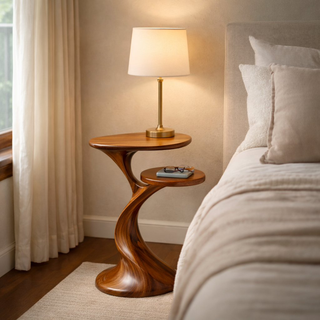 Solid Wood Two Tier Side Table Modern Sculpted Accent for Living Room Interior