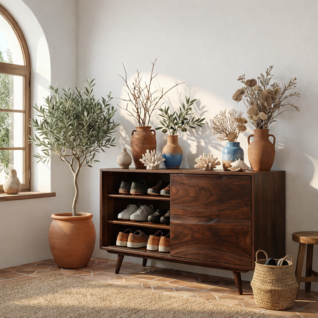 Handcrafted Solid Wood Shoe Cabinet with Open Shelves for Entryway