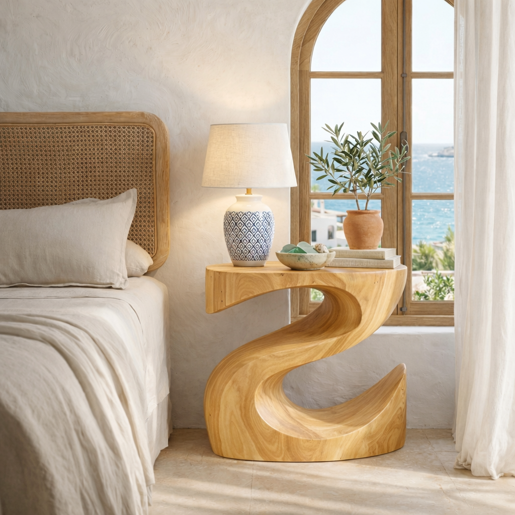 Handcrafted Solid Wood Bedside Table with Sculptural Curved Base for Bedroom
