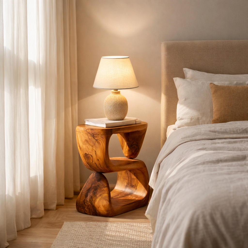 S-Form Sculpted Solid Wood Accent Side Table for Living Room Decor