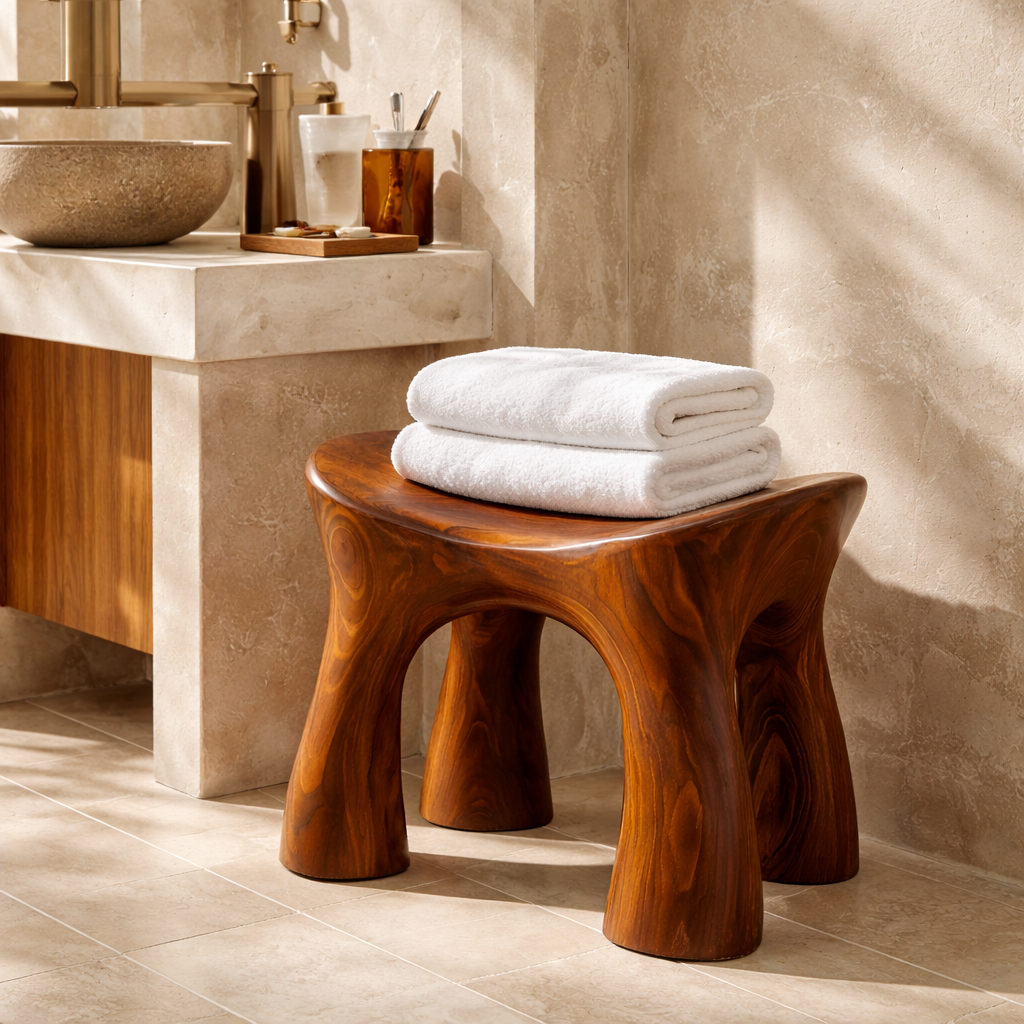 Solid Wood Shower Bench with Sculpted Organic Design for Bathroom Spa or Shower Space