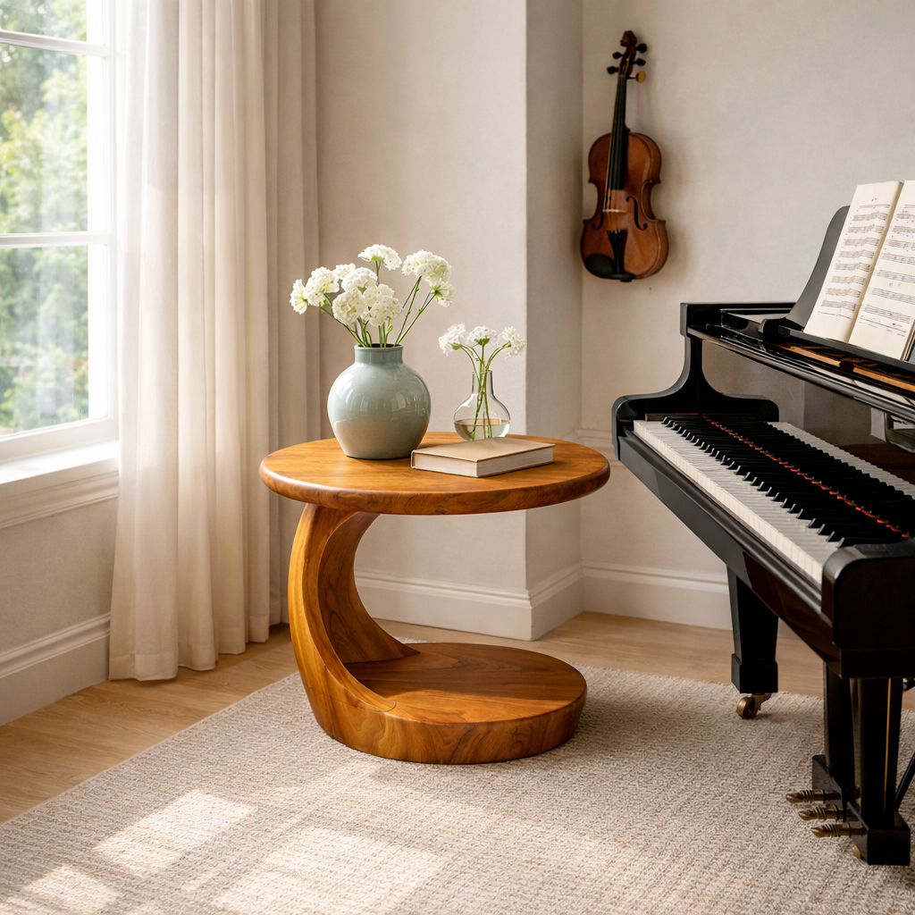 Round Sculptural Solid Wood Side Table for Living Room Decor