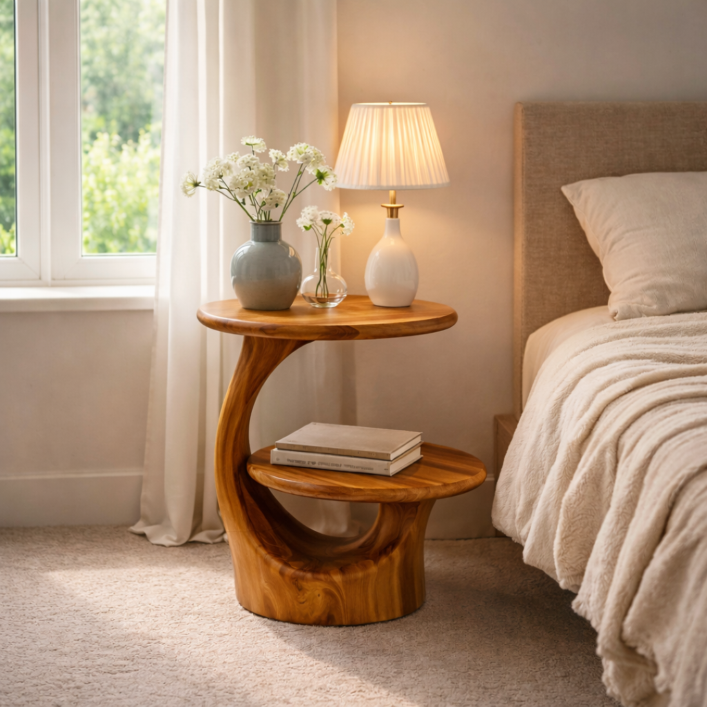 Two Tier Round Solid Wood Side Table for Living Room Decor