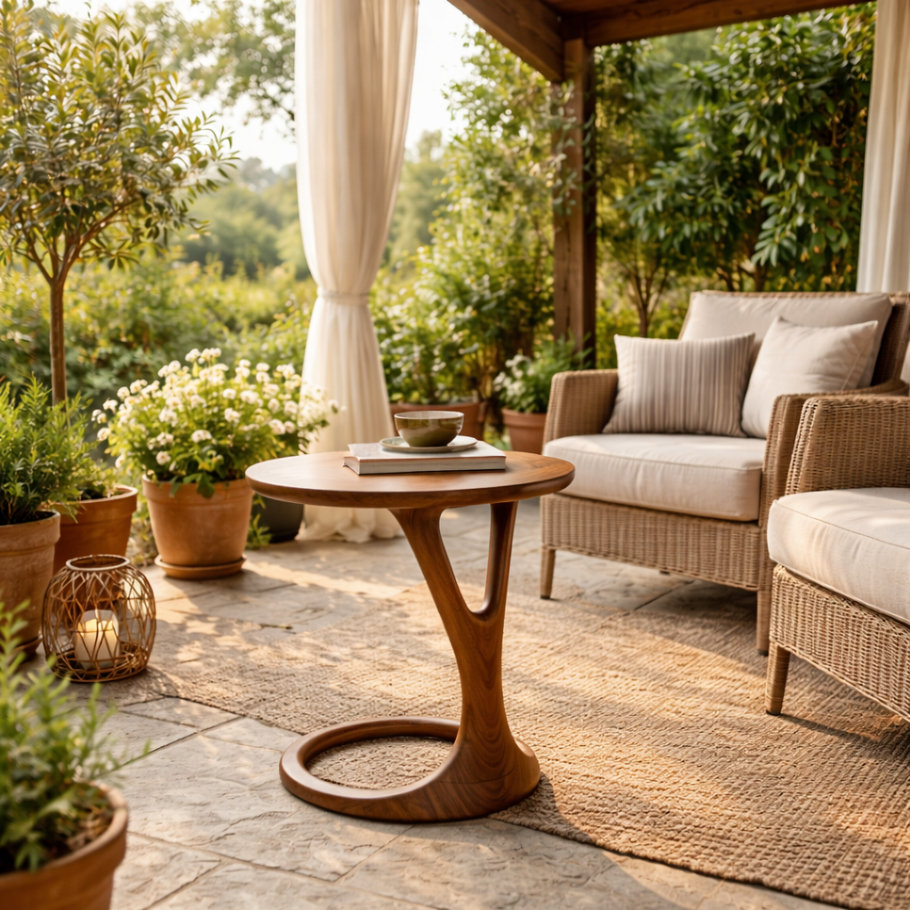 Loop Base Solid Wood Side Table with Round Top for Living Room Decor