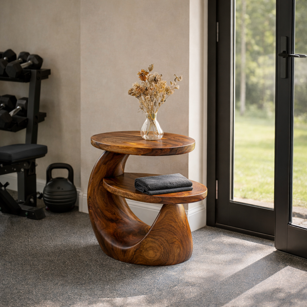 Sculptural Solid Wood Two Tier Side Table for Living Room