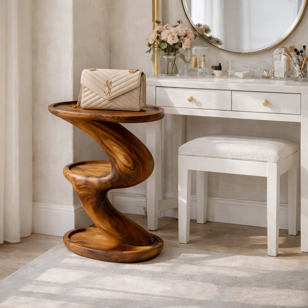 Sculptural Solid Wood Side Table Two Tier Design for Living Room and Reading Corner